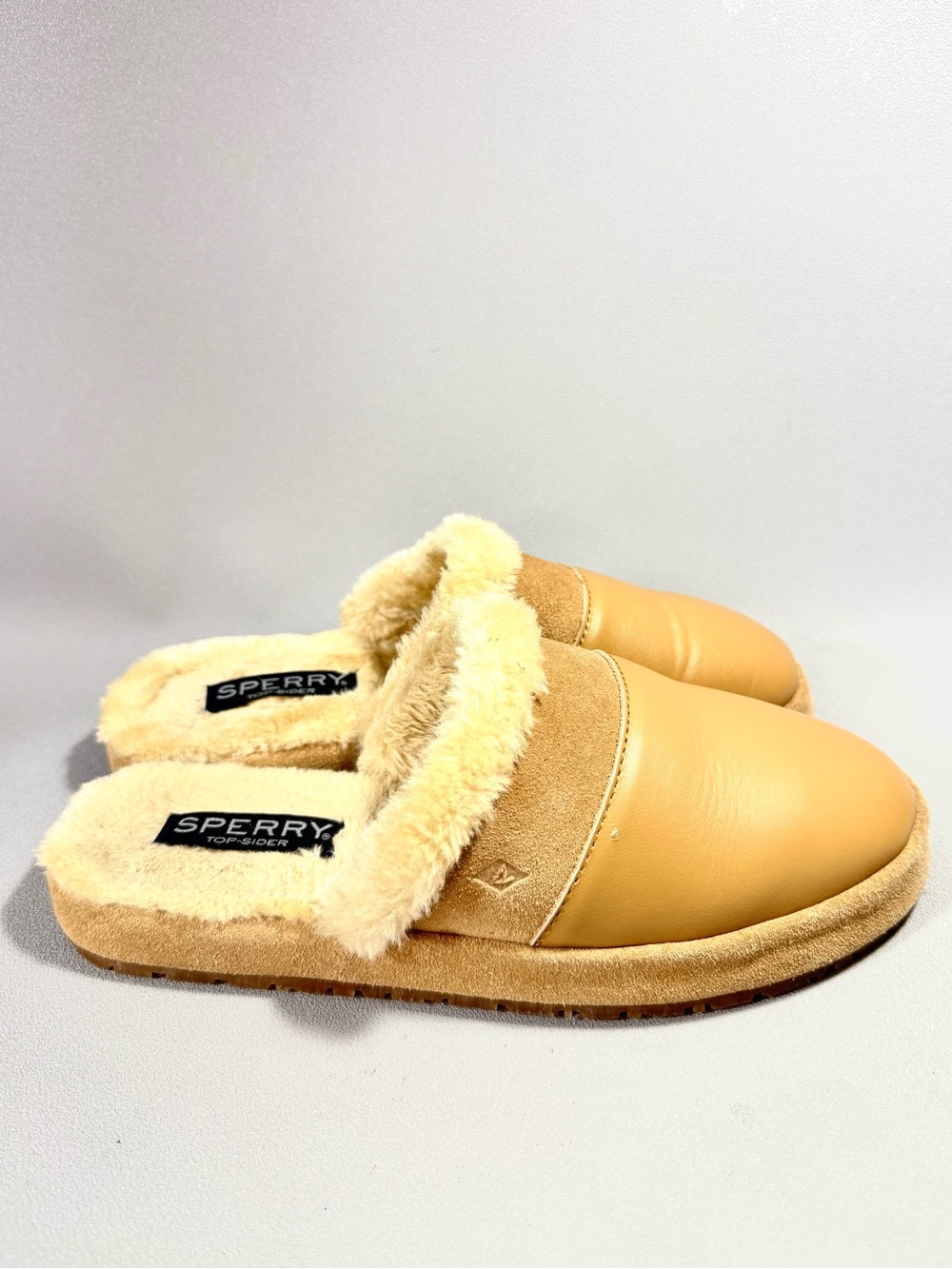 Sperry Cape May Tan Leather Sherpa-Lined Mule Slippers NWOT
